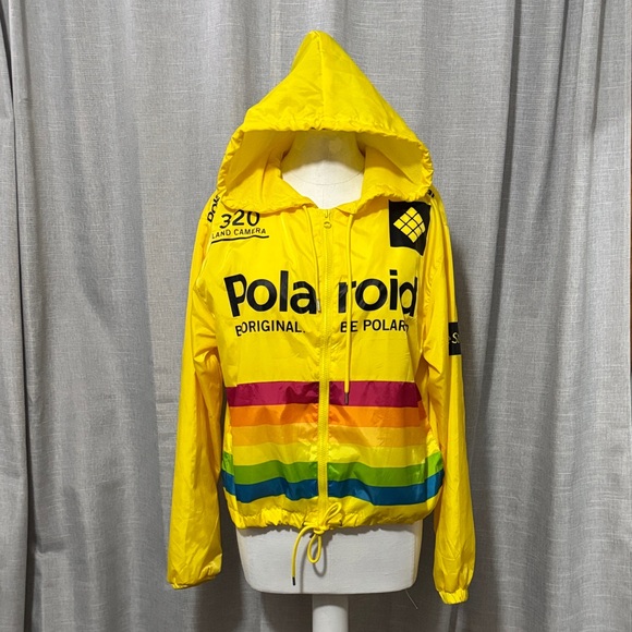 Jackets & Blazers - Wmns-L-Polaroid Windbreaker-Yellow Multi Color Stripe-Pockets-Drawstring Waist